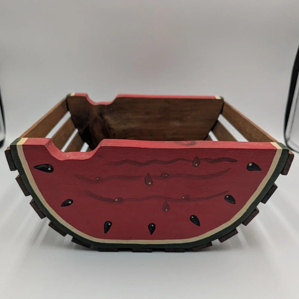 Watermelon Wood Slat Crate Red Green Hand Painted Fruit Basket Cottagecore Fruit